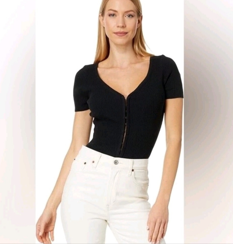 Abercrombie & Fitch Ribbed Bodysuit Top Black XXS Hook Eye Front Short Sleeve‎